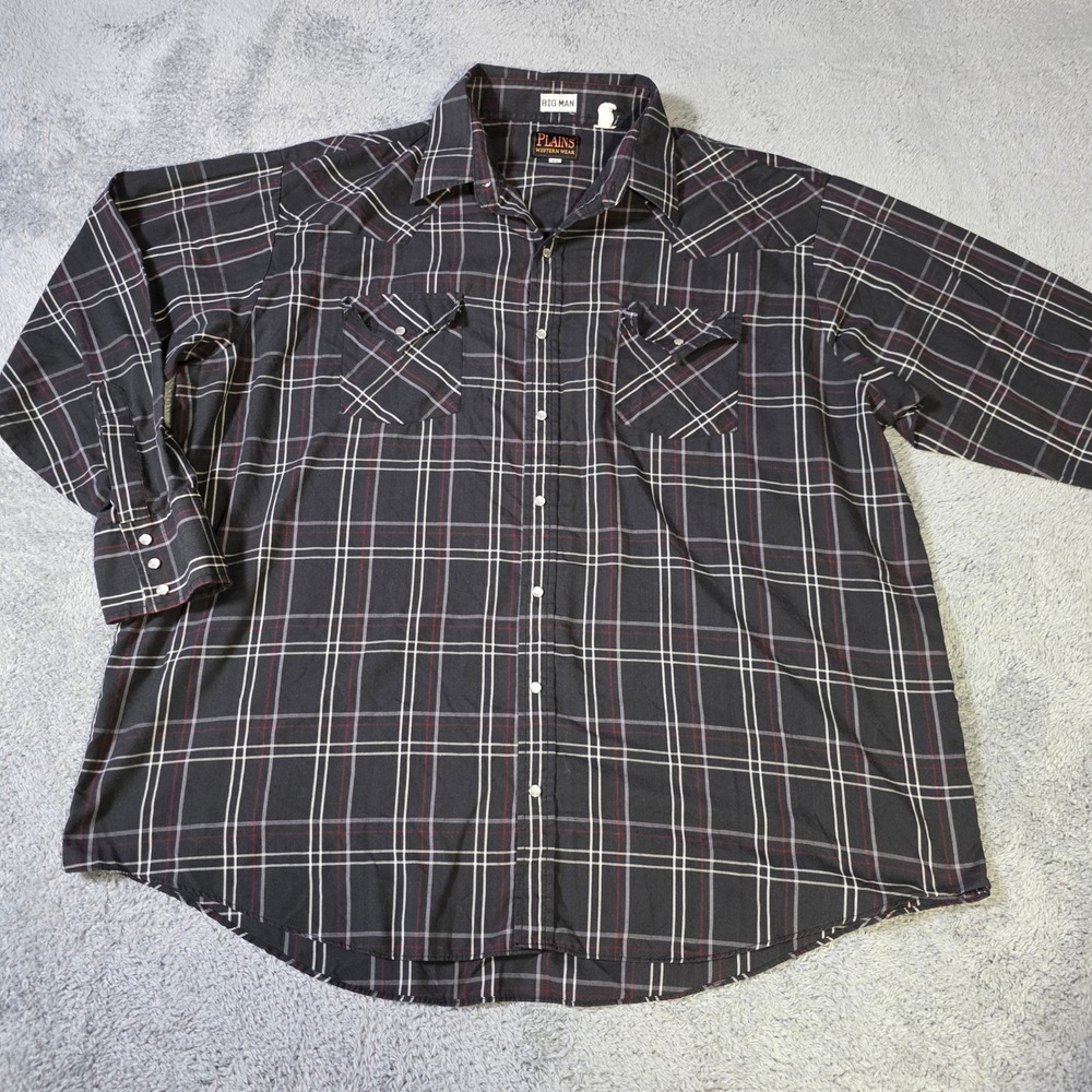 Plains Mens 2X Western Pearl Snap Shirt Black Plaid Big Man Long Sleeve Pocket